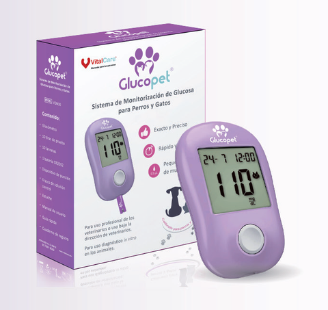 Paquete Glucopet  Monitor de Glucosa para perros y gatos ( glucómetro veterinario perros y gatos ) Con caja extra de Tiras y Caja de Lancetas