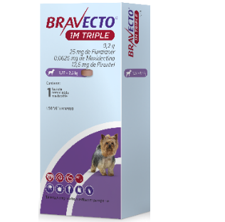 Bravecto 1 M TRIPLE XS 25 mg 1 Tableta (1.27 a 2.5 kg) Control de parásitos internos y externos