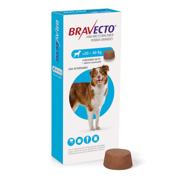 Bravecto G 1000 mg  20 - 40 kg Comprimido Masticable para control de Pulgas y Garrapatas