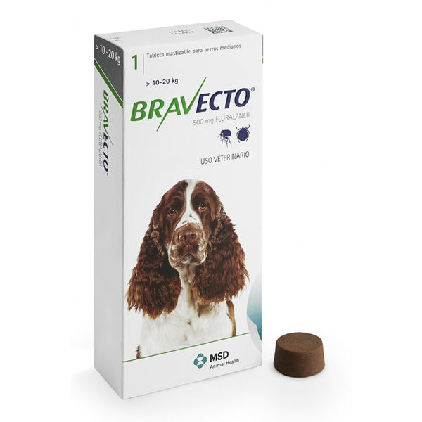 Bravecto M 500 mg  10 - 20 kg Comprimido Masticable para control de Pulgas y Garrapatas